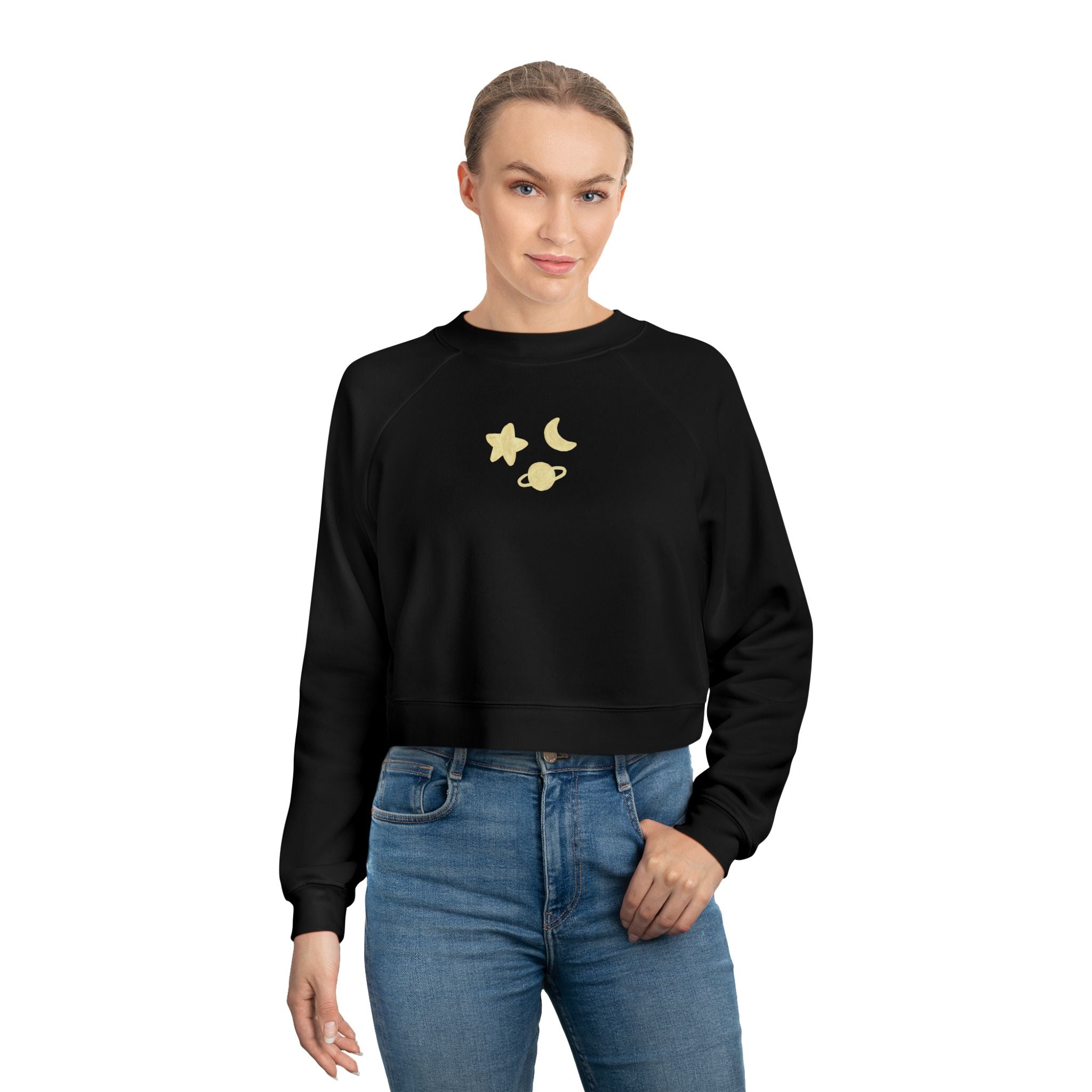 Cropped Pullover — Minimal Gold Moon, Star & Planet Graphic