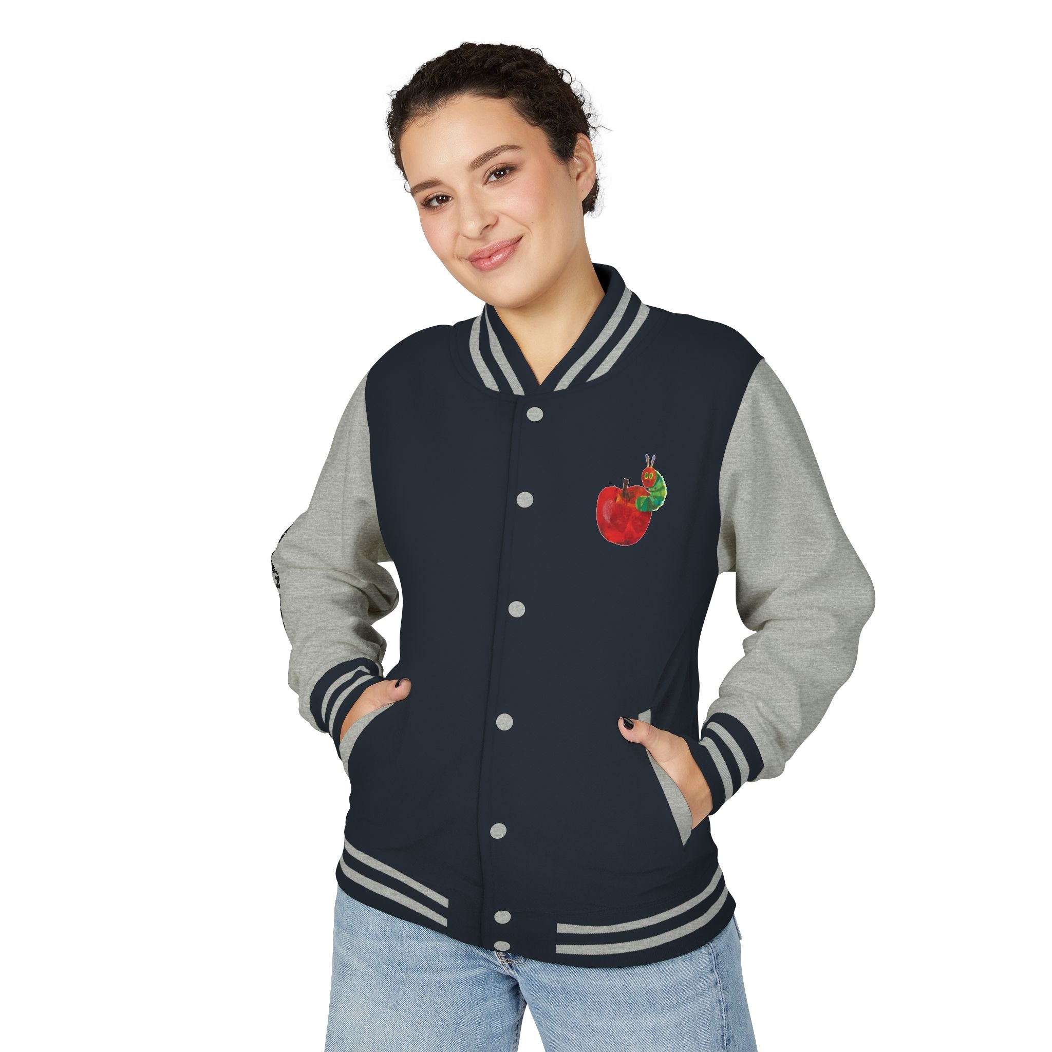 Custom Gift - Letterman Jacket for Teacher — Colorful "Very Hungry Caterpillar" Garden Back Patch