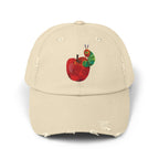 Distressed Cap • Watercolor Caterpillar on Apple Hat — Cute Kids & Adult Storybook Baseball Cap