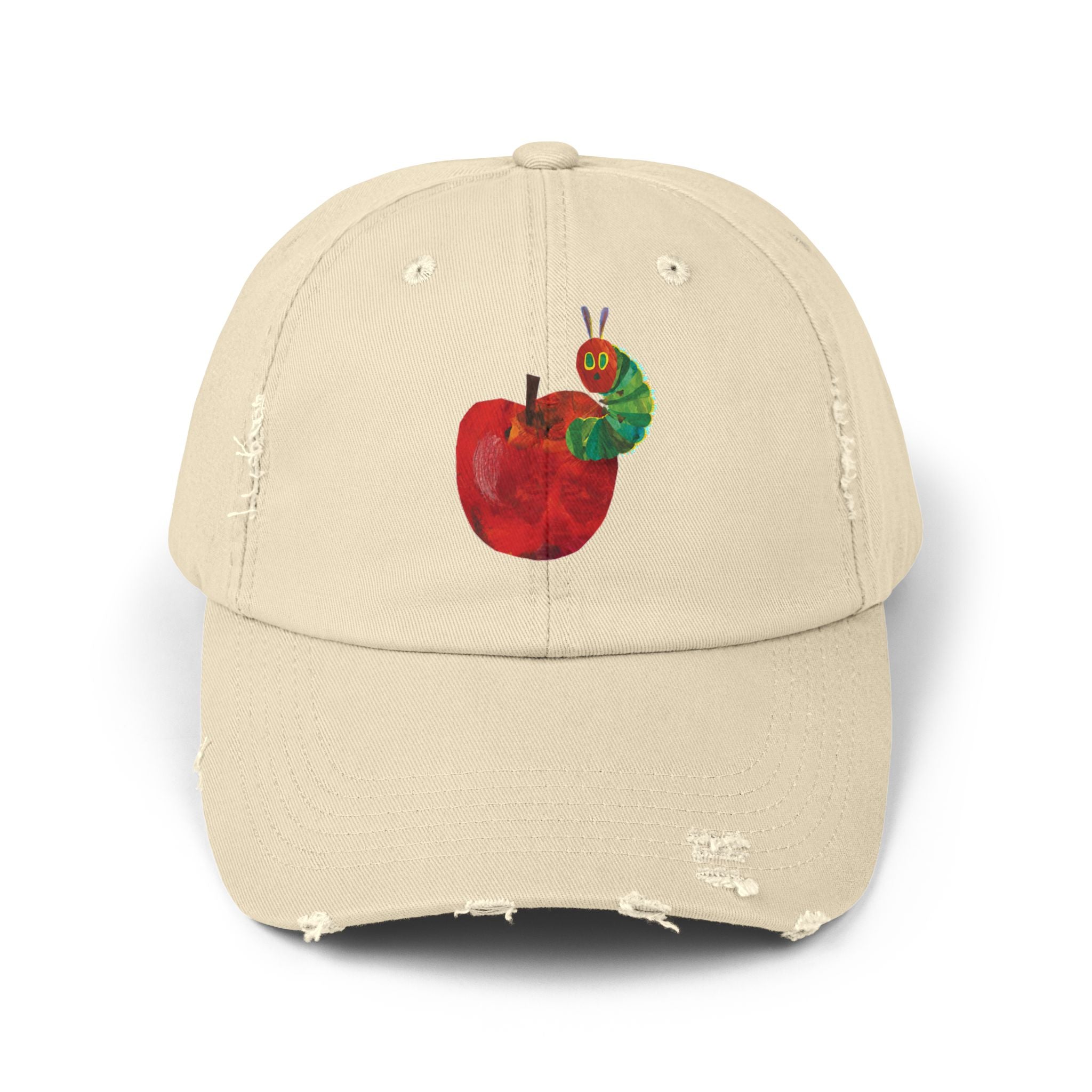 Distressed Cap • Watercolor Caterpillar on Apple Hat — Cute Kids & Adult Storybook Baseball Cap
