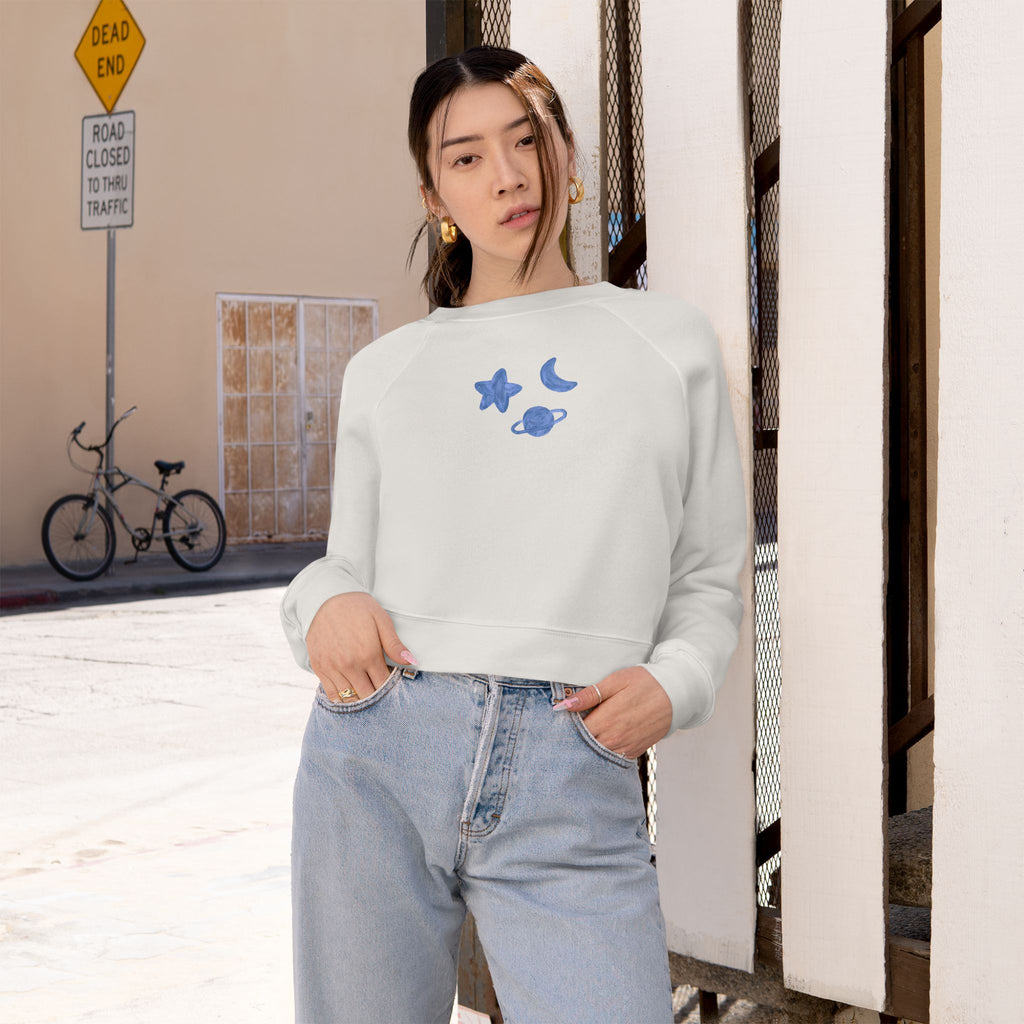 Cropped Pullover — Minimal Gold Moon, Star & Planet Graphic