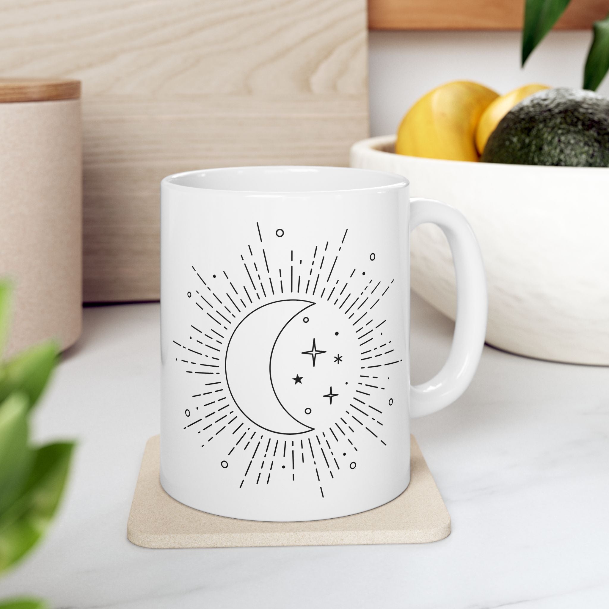 Celestial Sunburst Ceramic Mug — Minimal Astrology Coffee Cup (11oz, 15oz)