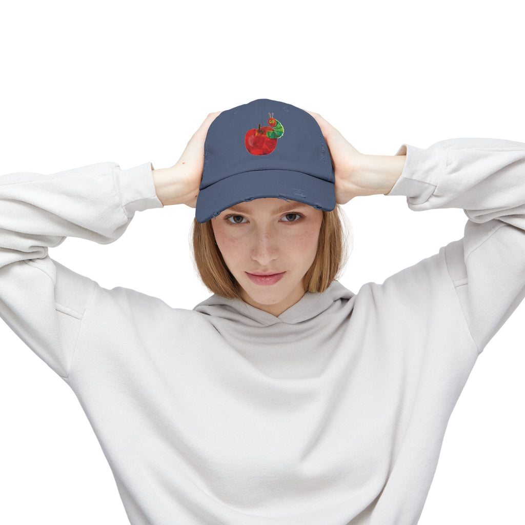 Distressed Cap • Watercolor Caterpillar on Apple Hat — Cute Kids & Adult Storybook Baseball Cap
