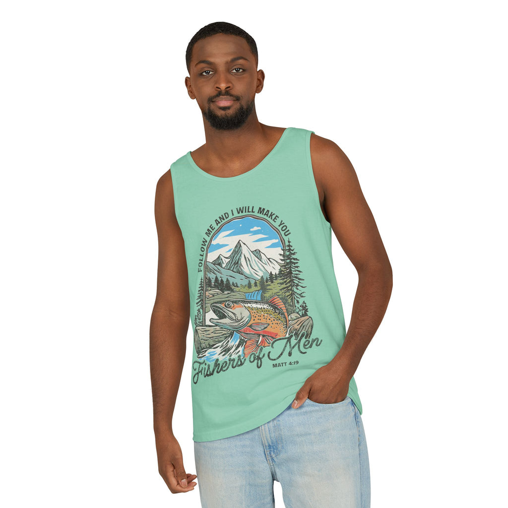 Fishers of Men Tank Top — Christian Fishing Graphic Tank ("Follow Me and I Will Make You" Matthew 4:19)