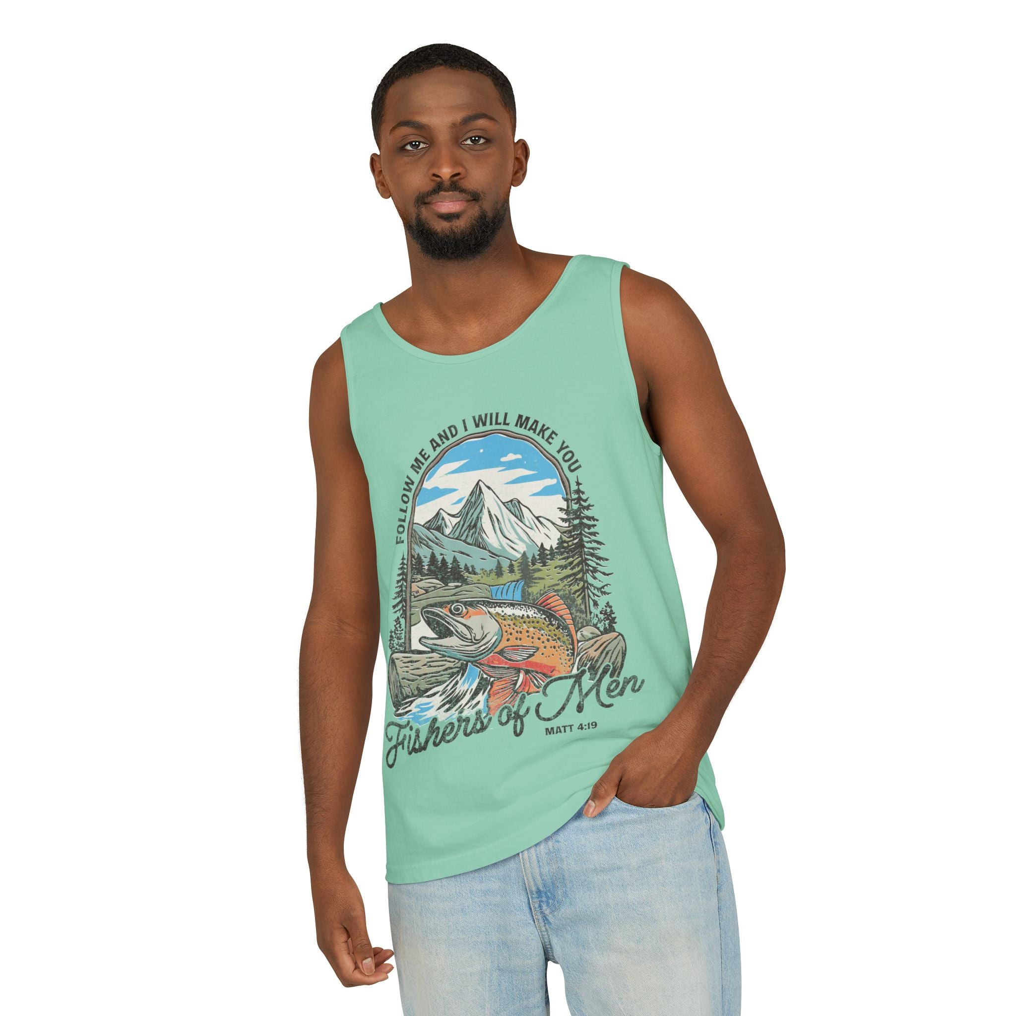Fishers of Men Tank Top — Christian Fishing Graphic Tank ("Follow Me and I Will Make You" Matthew 4:19)