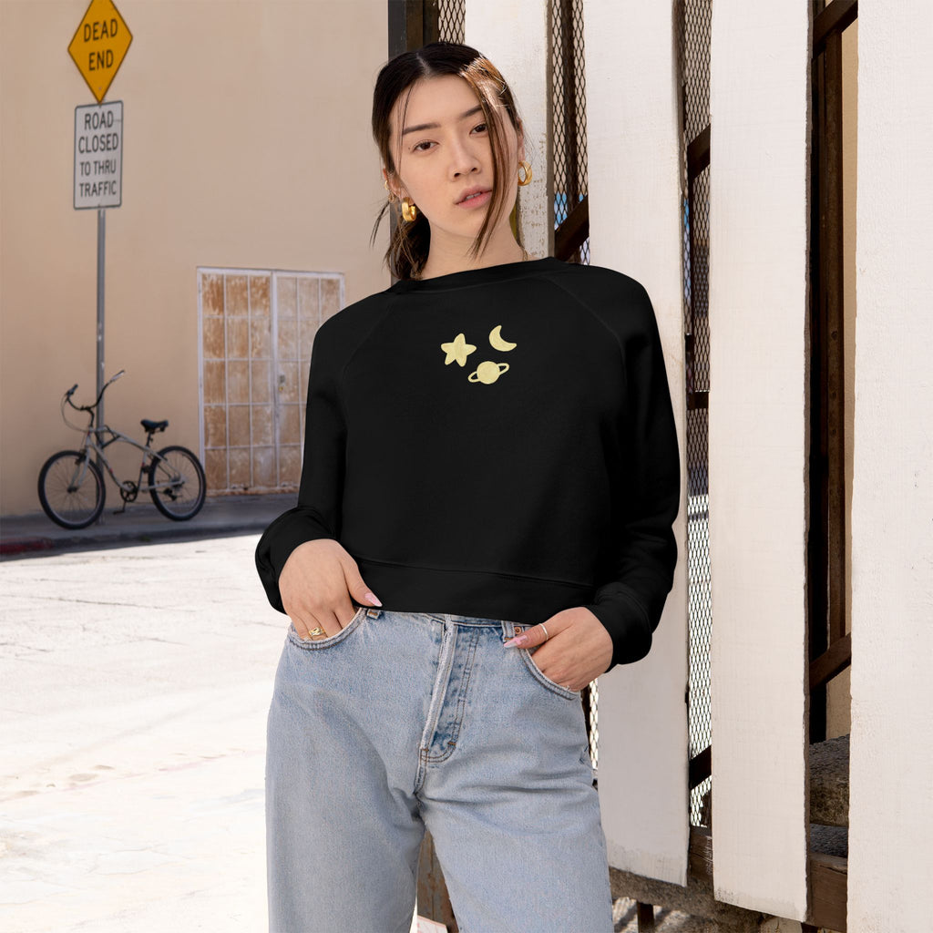 Cropped Pullover — Minimal Gold Moon, Star & Planet Graphic