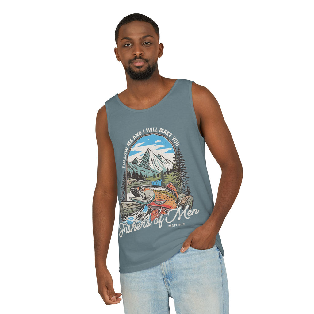 Fishers of Men Tank Top — Christian Fishing Graphic Tank ("Follow Me and I Will Make You" Matthew 4:19)