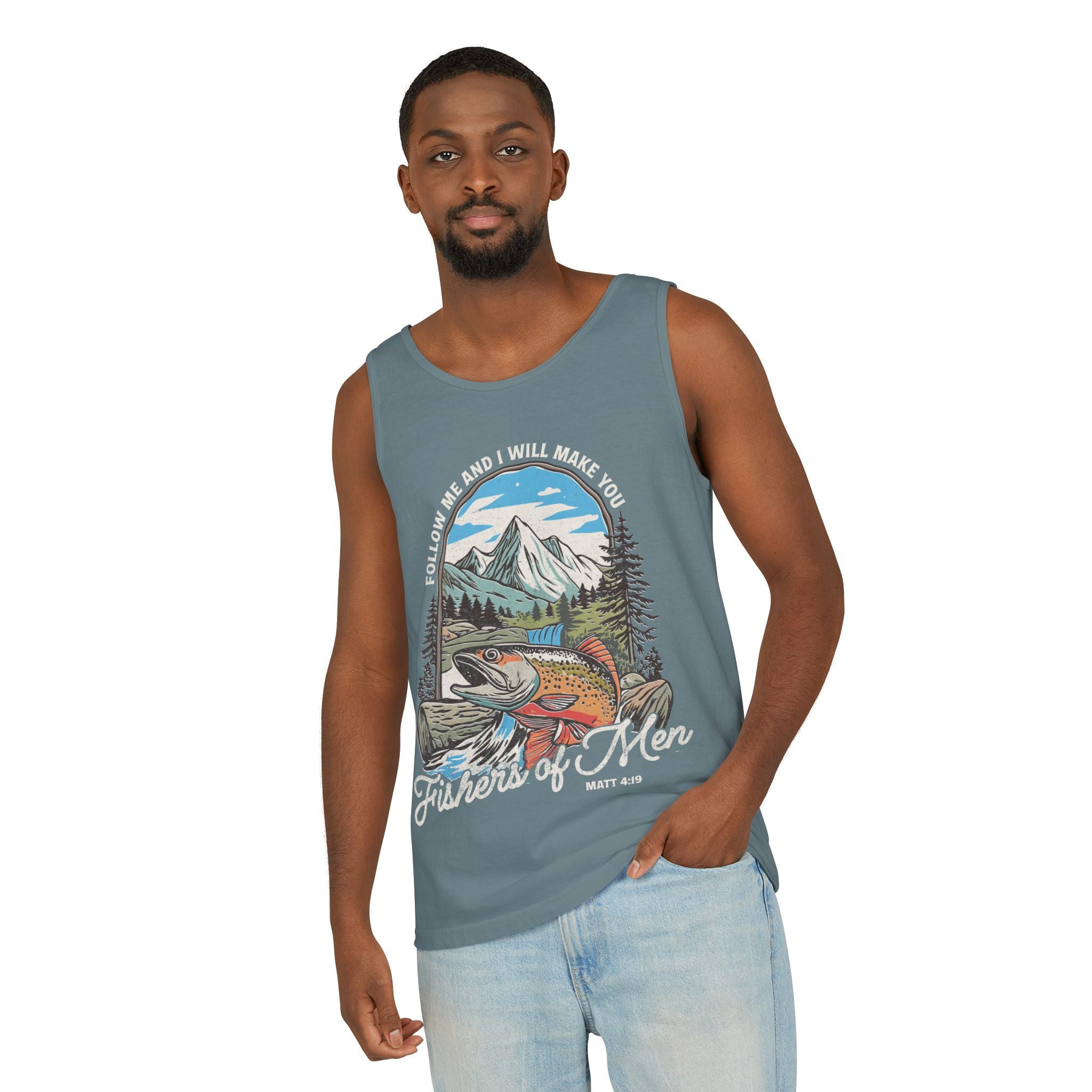 Fishers of Men Tank Top — Christian Fishing Graphic Tank ("Follow Me and I Will Make You" Matthew 4:19)