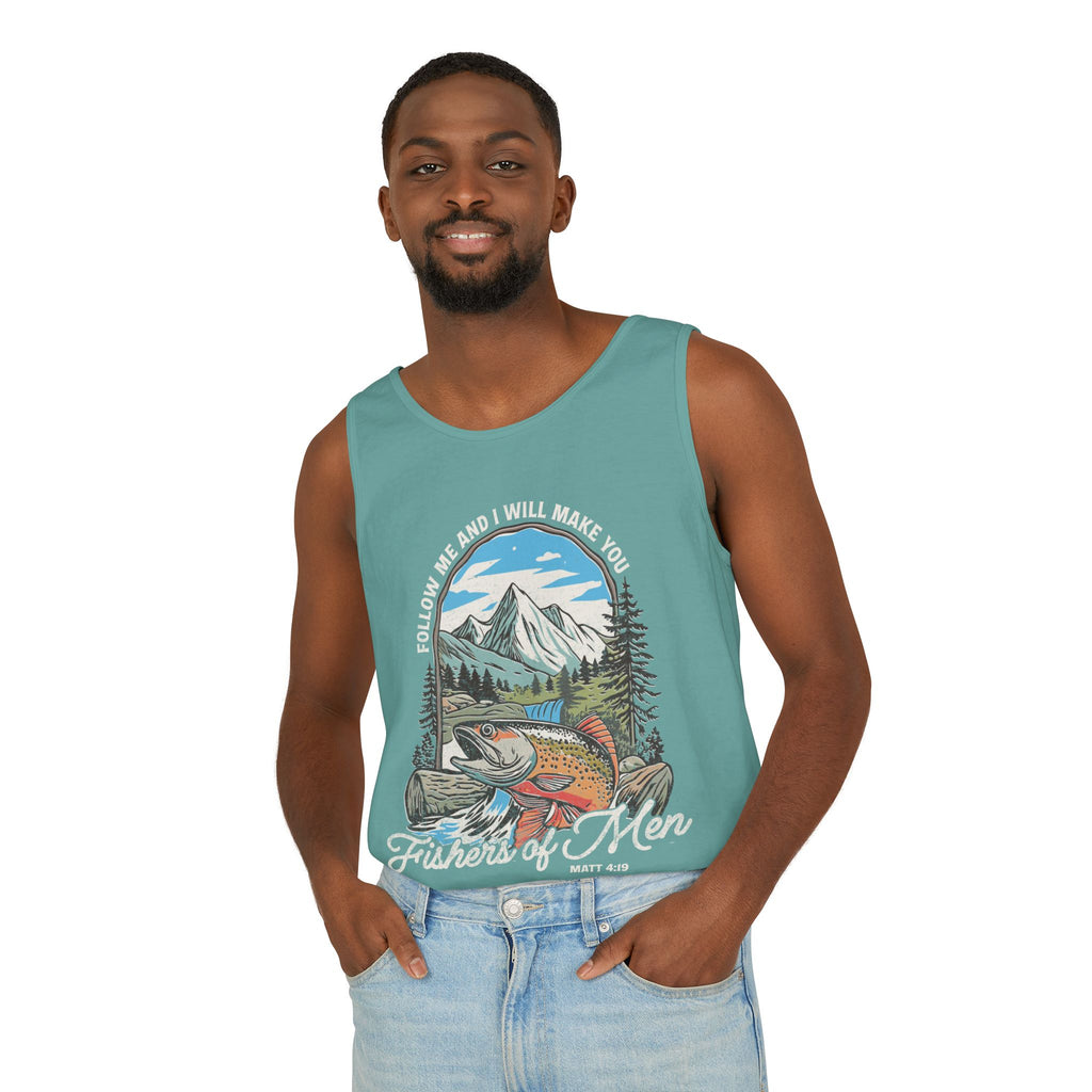 Fishers of Men Tank Top — Christian Fishing Graphic Tank ("Follow Me and I Will Make You" Matthew 4:19)