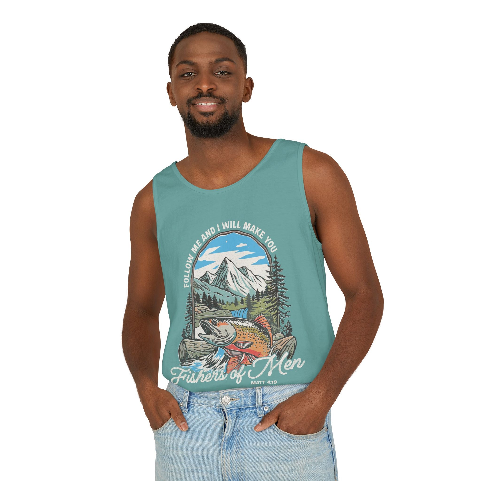 Fishers of Men Tank Top — Christian Fishing Graphic Tank ("Follow Me and I Will Make You" Matthew 4:19)