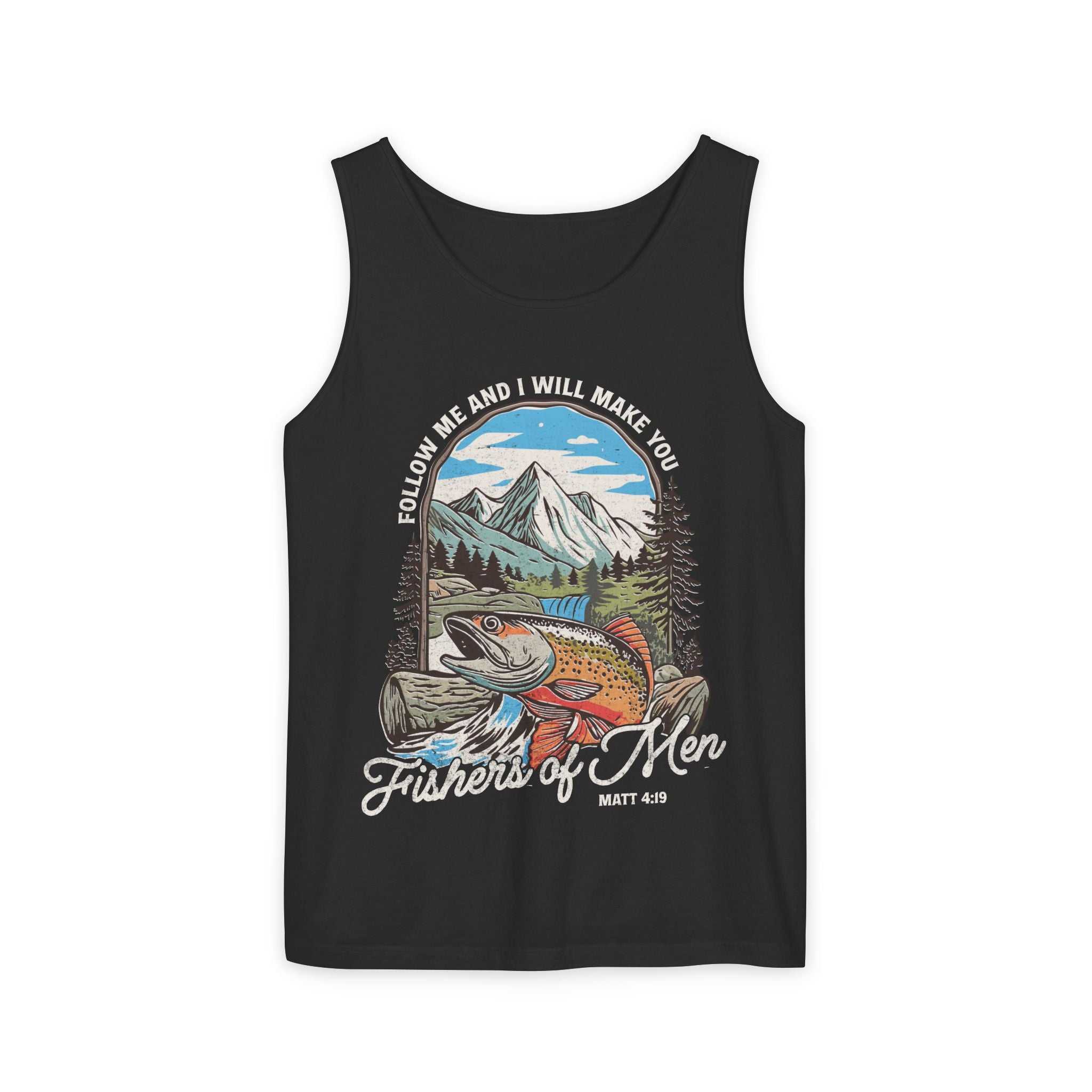 Fishers of Men Tank Top — Christian Fishing Graphic Tank ("Follow Me and I Will Make You" Matthew 4:19)