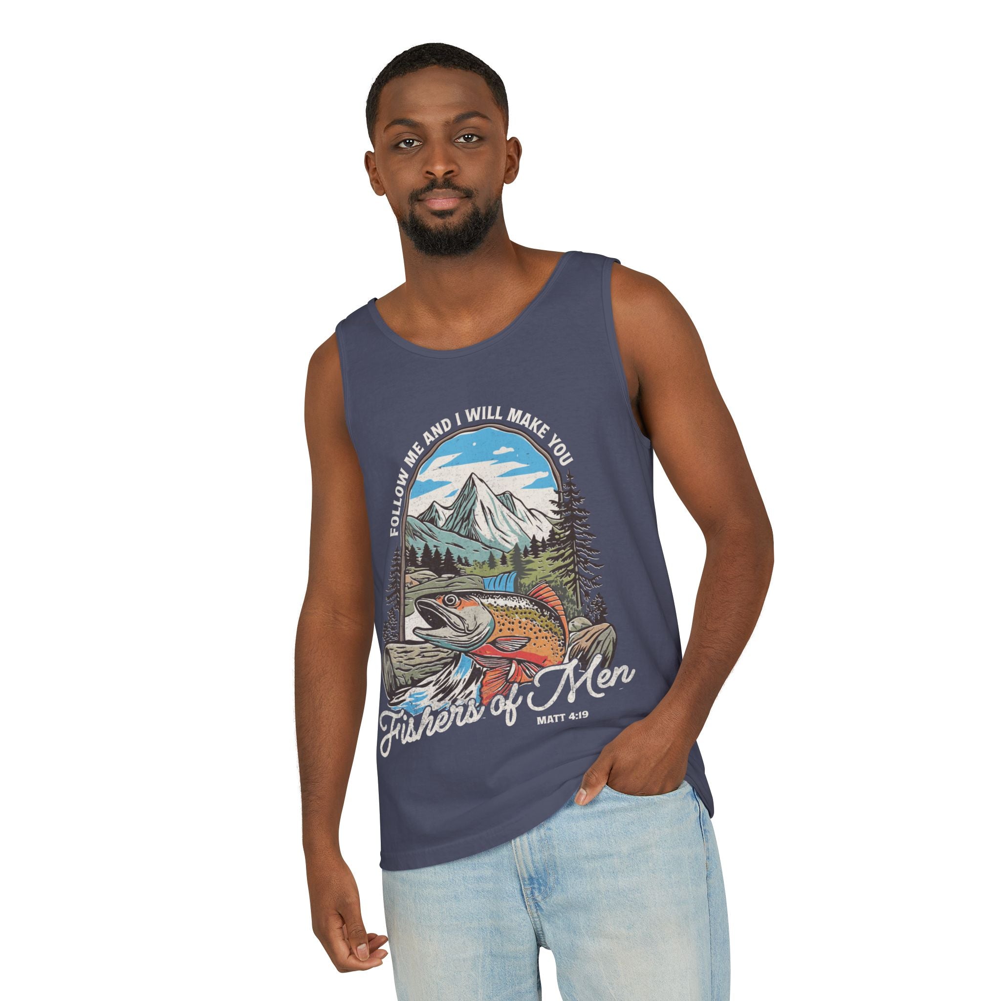 Fishers of Men Tank Top — Christian Fishing Graphic Tank ("Follow Me and I Will Make You" Matthew 4:19)