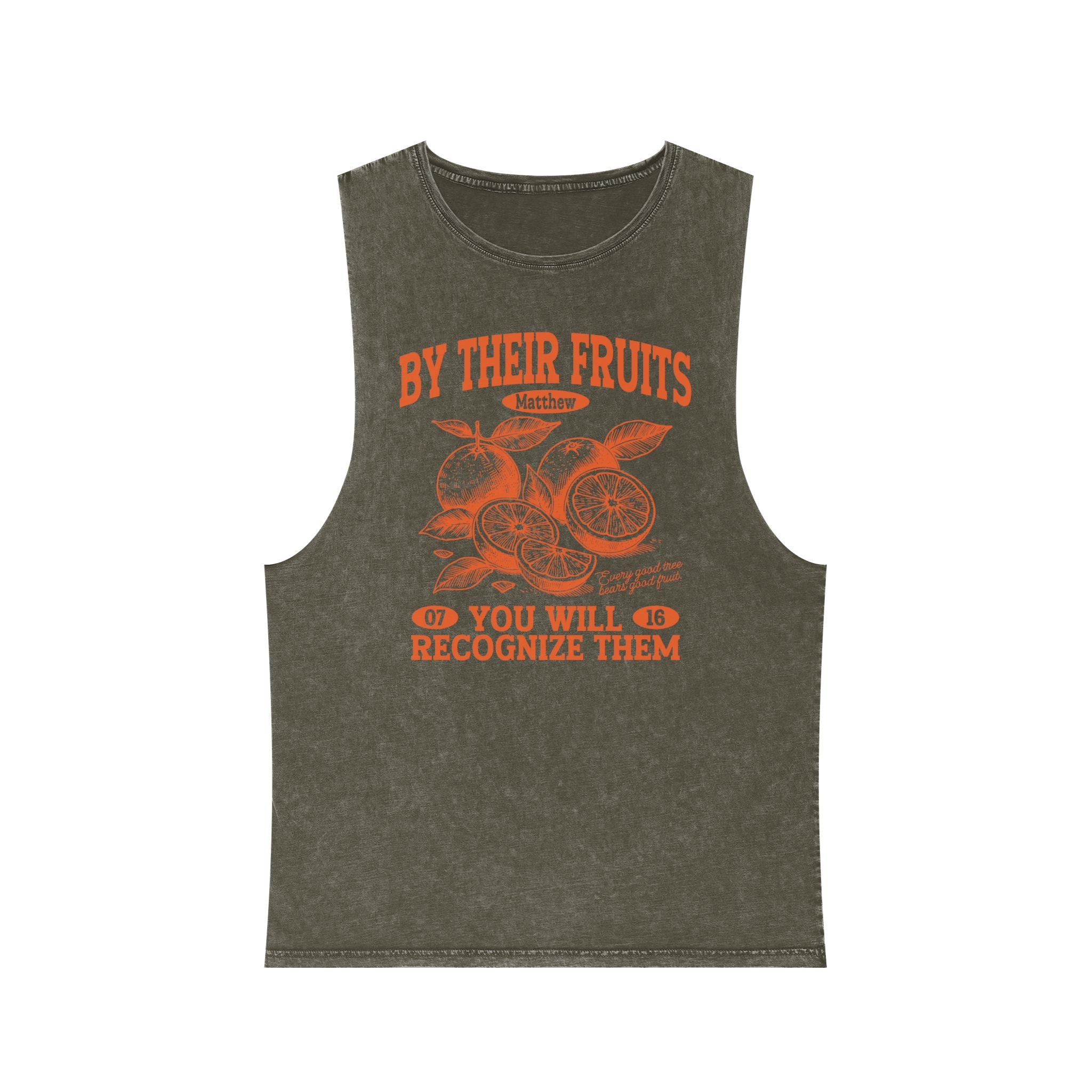 Tank Top — "By Their Fruits You Will Recognize Them" Vintage Stonewash Graphic