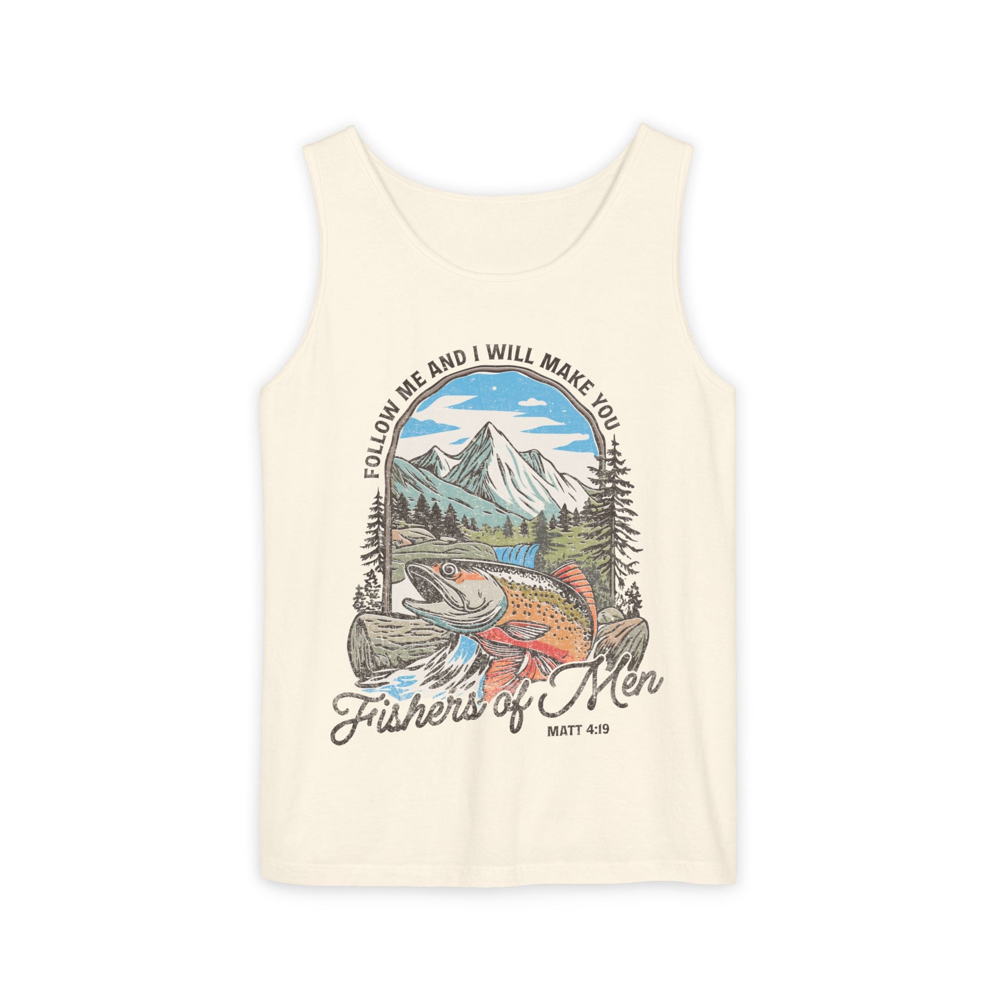 Fishers of Men Tank Top — Christian Fishing Graphic Tank ("Follow Me and I Will Make You" Matthew 4:19)