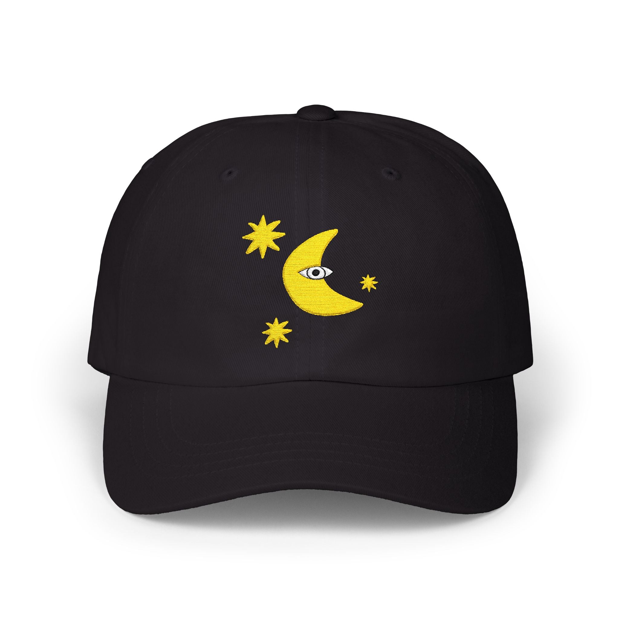 Moon Eye Dad Cap — Embroidered Crescent Moon & Stars Baseball Hat