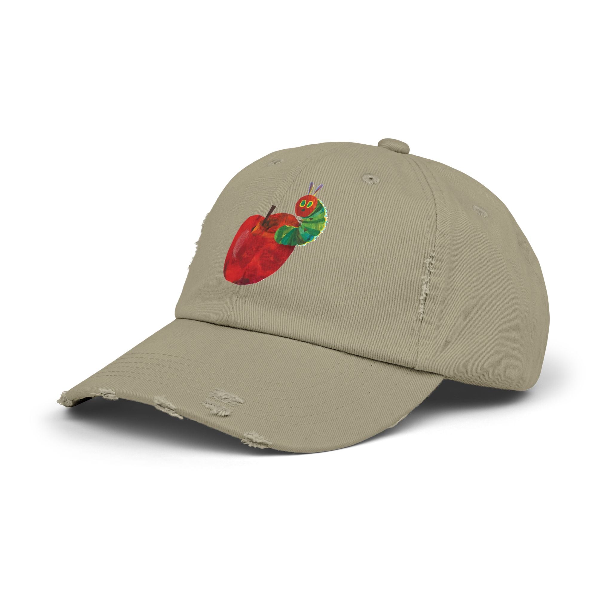 Distressed Cap • Watercolor Caterpillar on Apple Hat — Cute Kids & Adult Storybook Baseball Cap