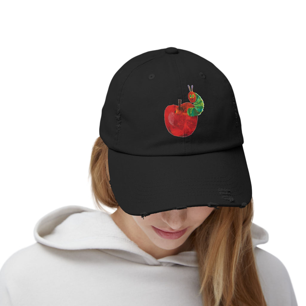 Distressed Cap • Watercolor Caterpillar on Apple Hat — Cute Kids & Adult Storybook Baseball Cap