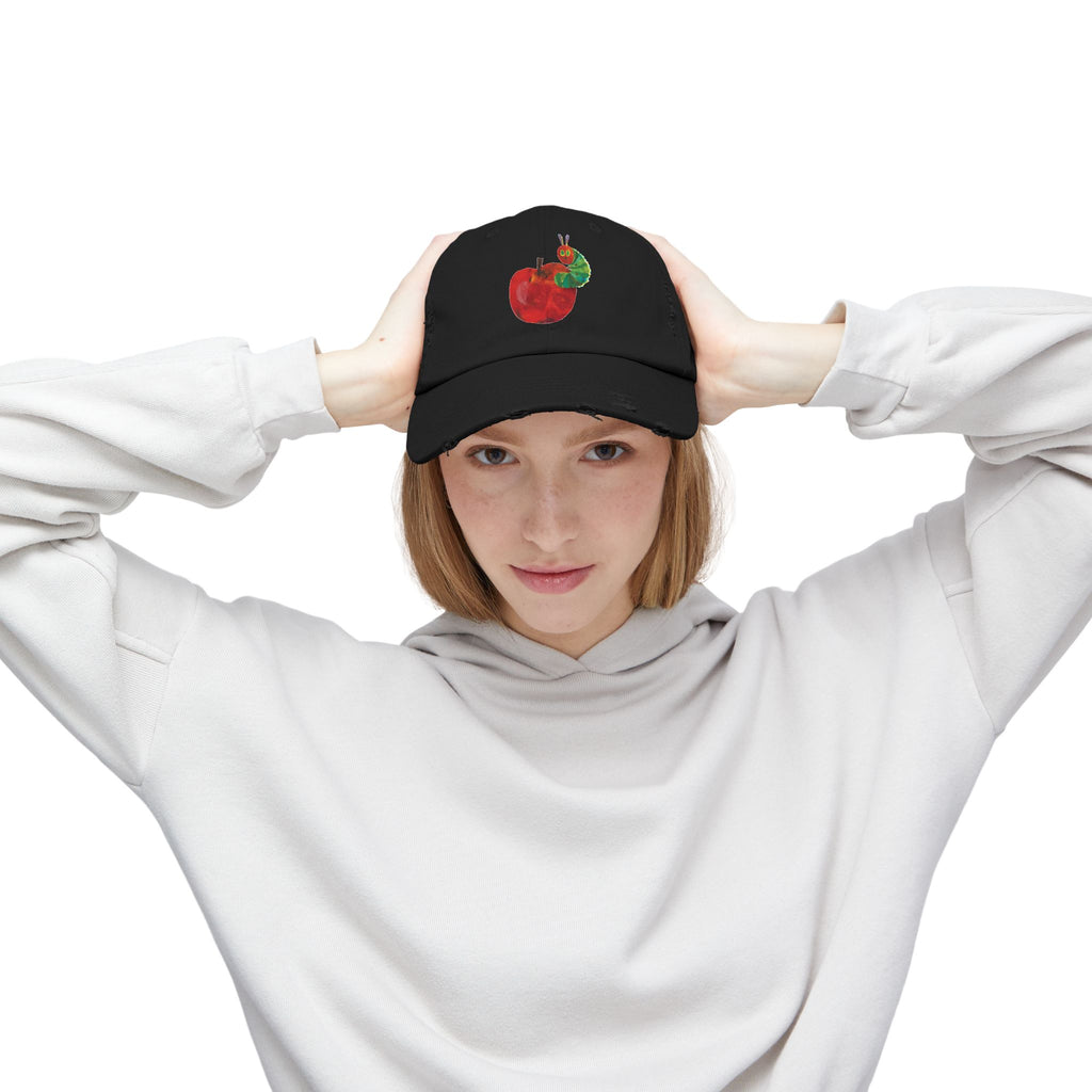 Distressed Cap • Watercolor Caterpillar on Apple Hat — Cute Kids & Adult Storybook Baseball Cap