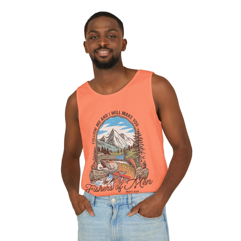 Fishers of Men Tank Top — Christian Fishing Graphic Tank ("Follow Me and I Will Make You" Matthew 4:19)
