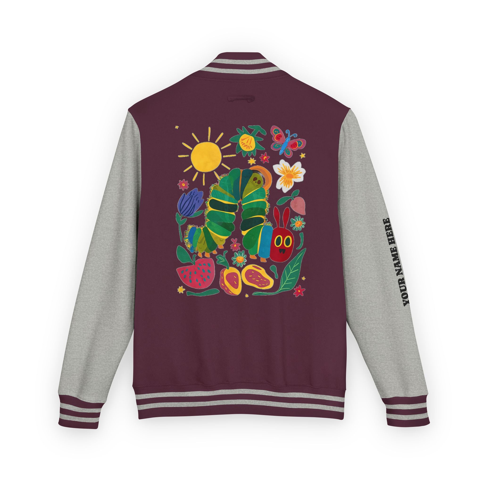 Custom Gift - Letterman Jacket for Teacher — Colorful "Very Hungry Caterpillar" Garden Back Patch