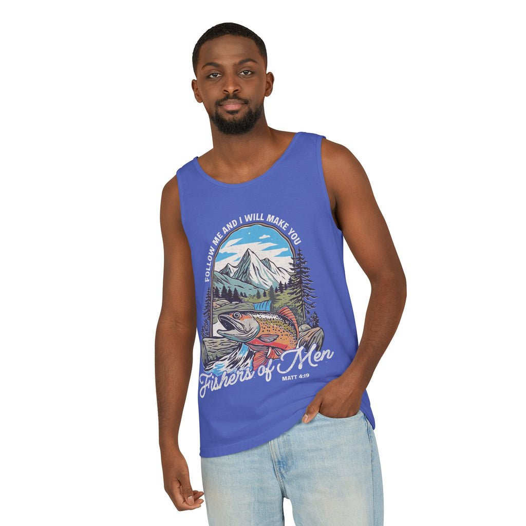 Fishers of Men Tank Top — Christian Fishing Graphic Tank ("Follow Me and I Will Make You" Matthew 4:19)