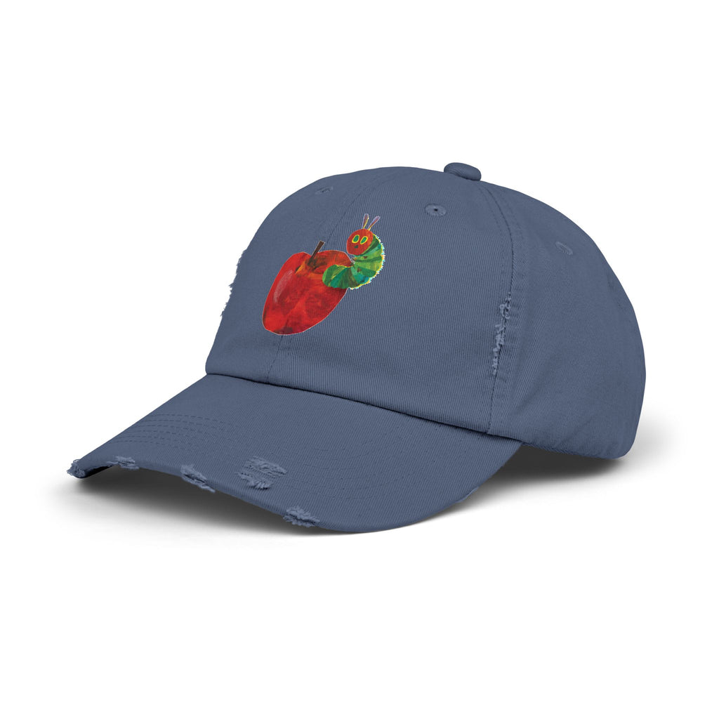 Distressed Cap • Watercolor Caterpillar on Apple Hat — Cute Kids & Adult Storybook Baseball Cap
