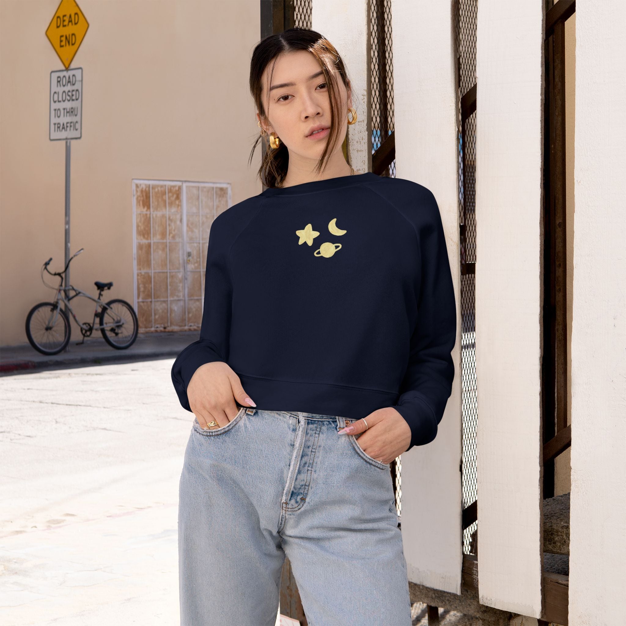 Cropped Pullover — Minimal Gold Moon, Star & Planet Graphic