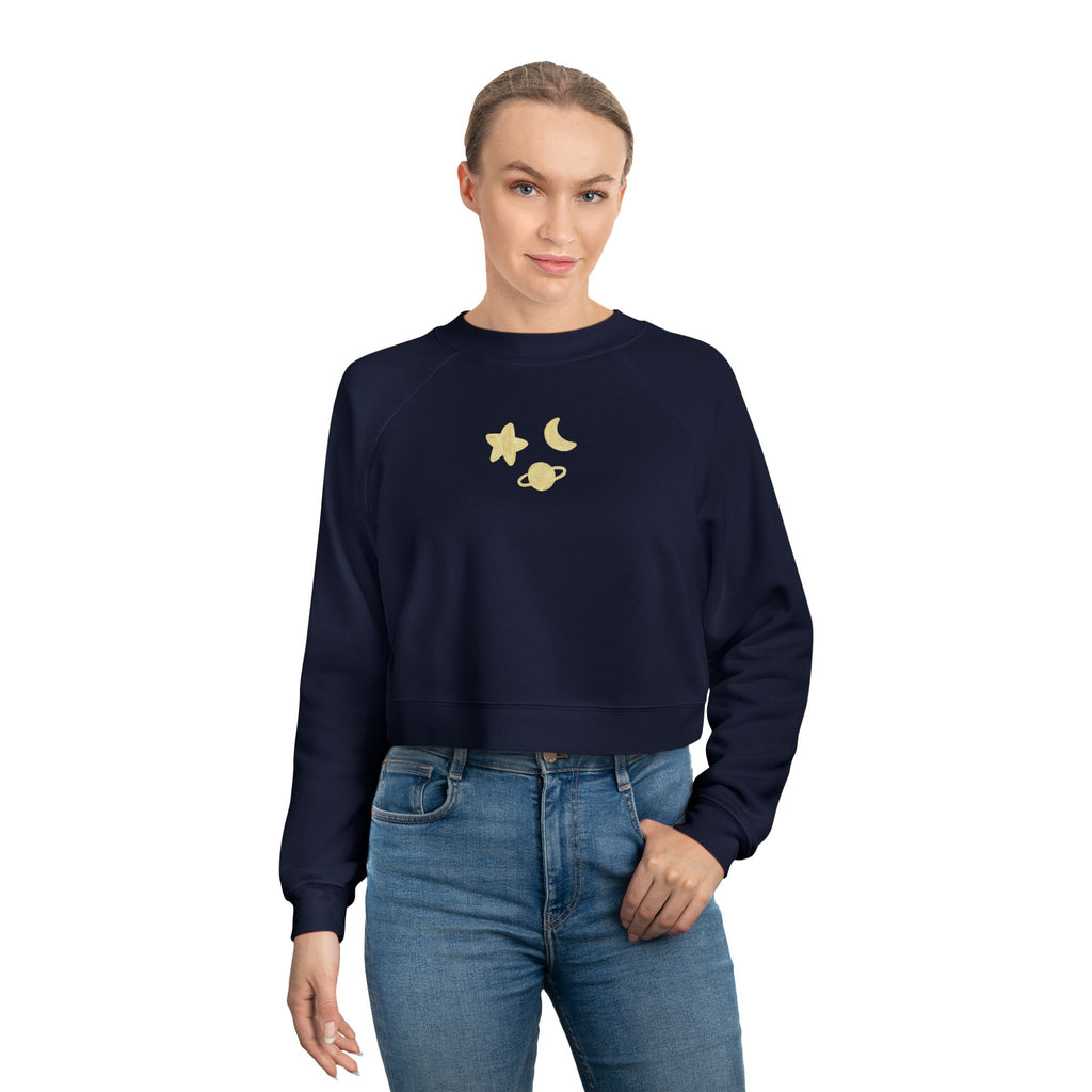 Cropped Pullover — Minimal Gold Moon, Star & Planet Graphic