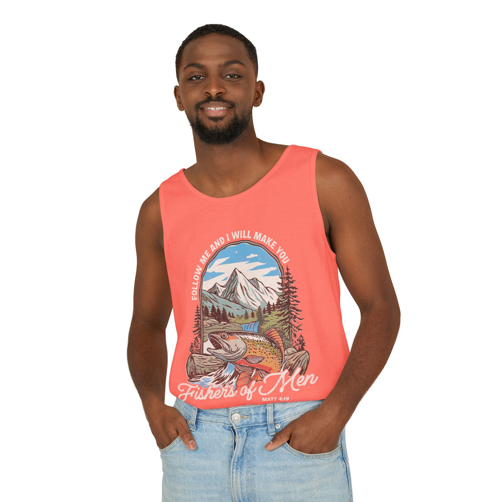 Fishers of Men Tank Top — Christian Fishing Graphic Tank ("Follow Me and I Will Make You" Matthew 4:19)