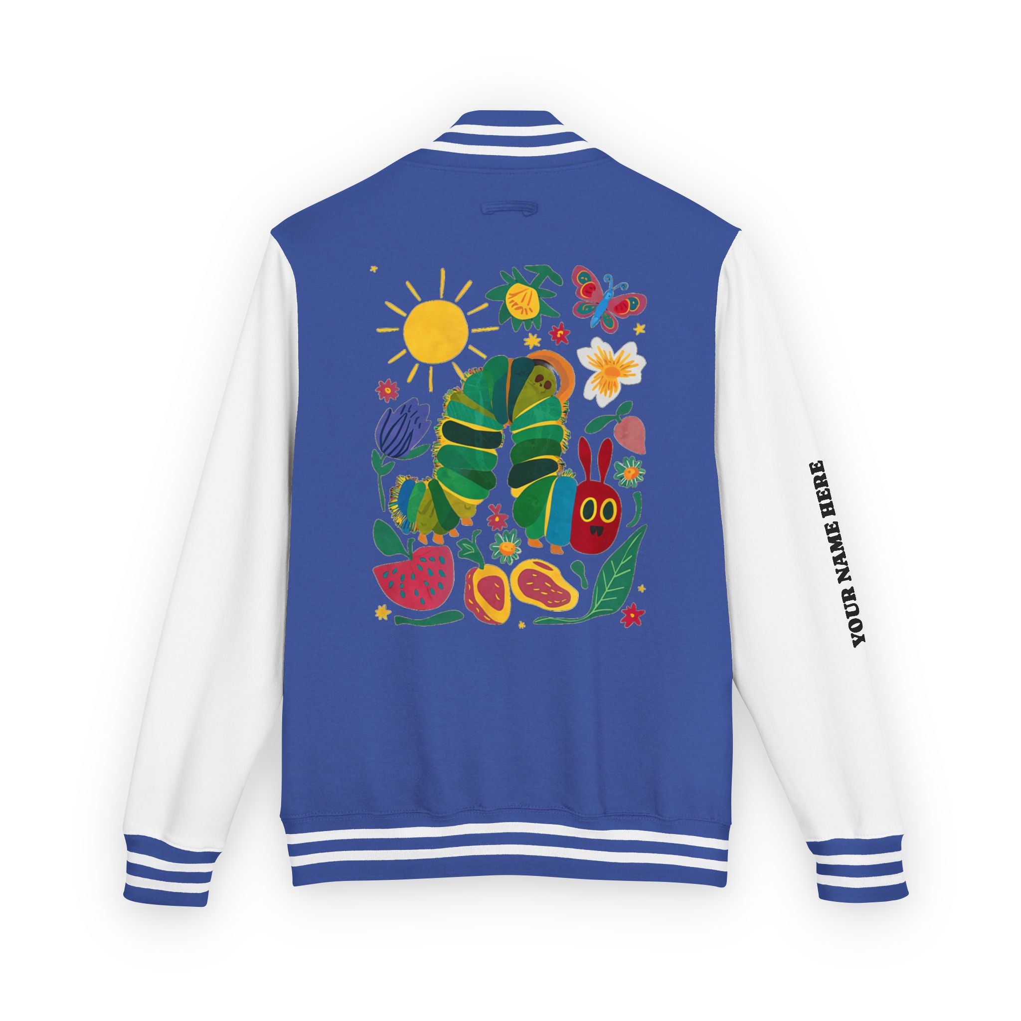 Custom Gift - Letterman Jacket for Teacher — Colorful "Very Hungry Caterpillar" Garden Back Patch