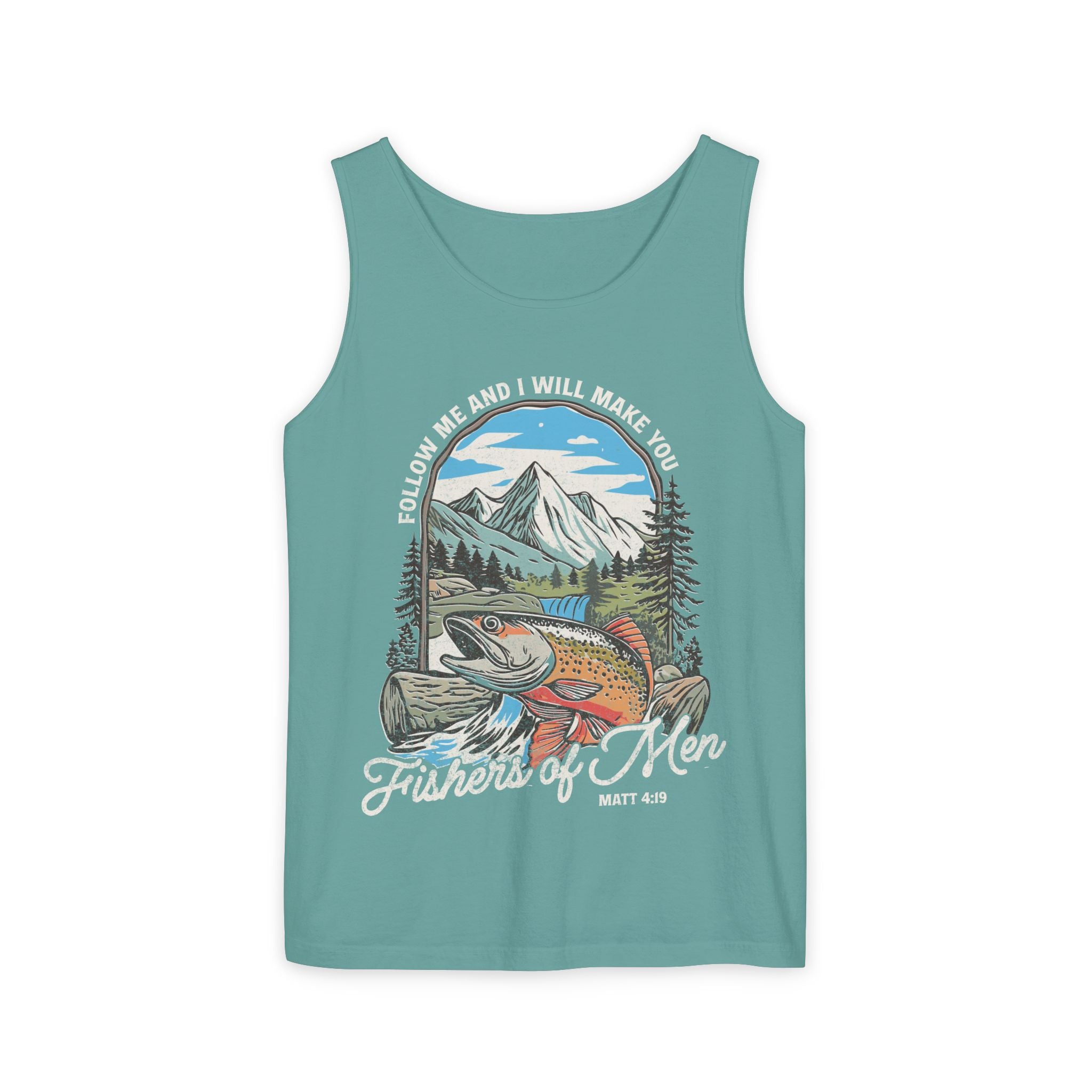 Fishers of Men Tank Top — Christian Fishing Graphic Tank ("Follow Me and I Will Make You" Matthew 4:19)