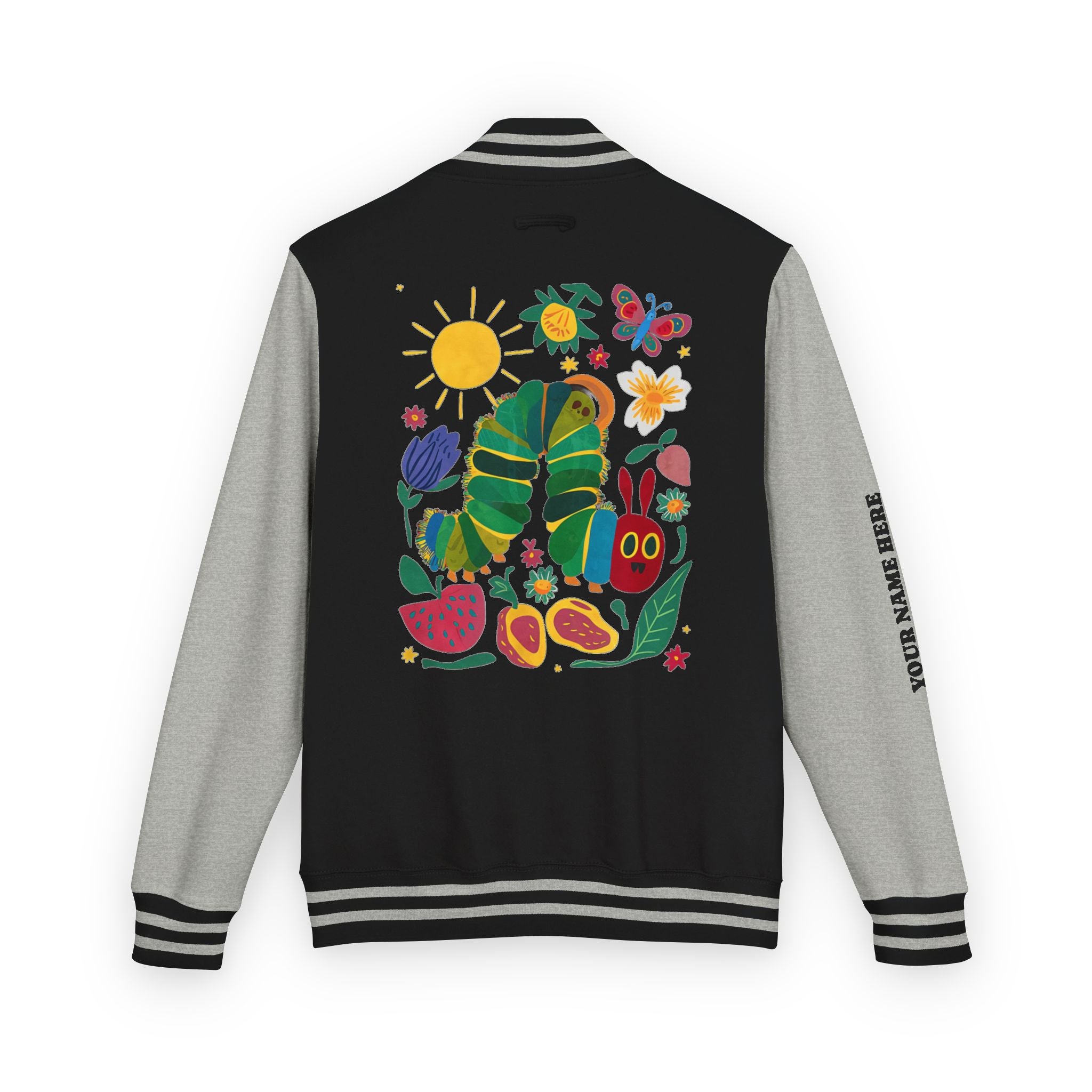 Custom Gift - Letterman Jacket for Teacher — Colorful "Very Hungry Caterpillar" Garden Back Patch