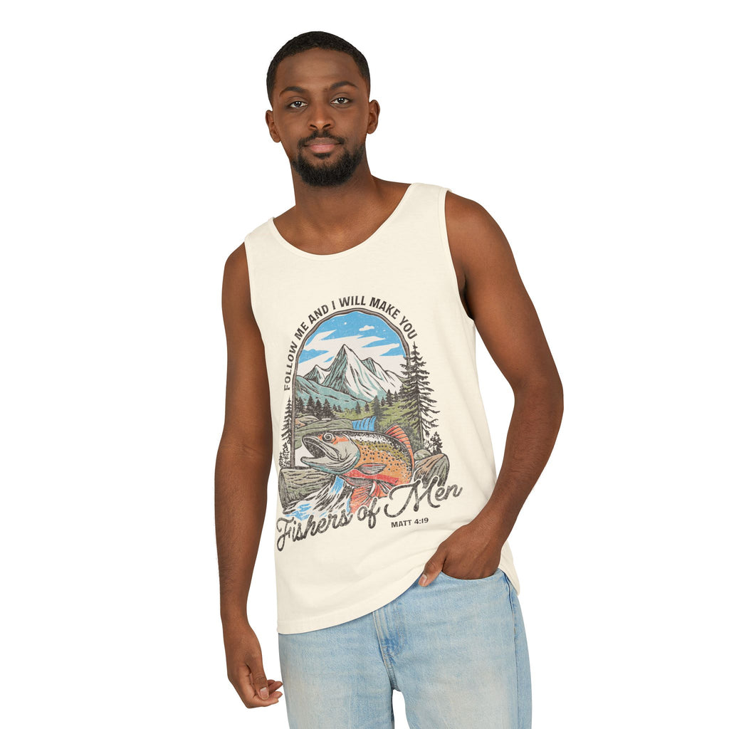 Fishers of Men Tank Top — Christian Fishing Graphic Tank ("Follow Me and I Will Make You" Matthew 4:19)